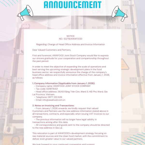 ANNOUCEMENT OF NEW HEADQUARTER ADDRESS OF AWAFOOD JSC